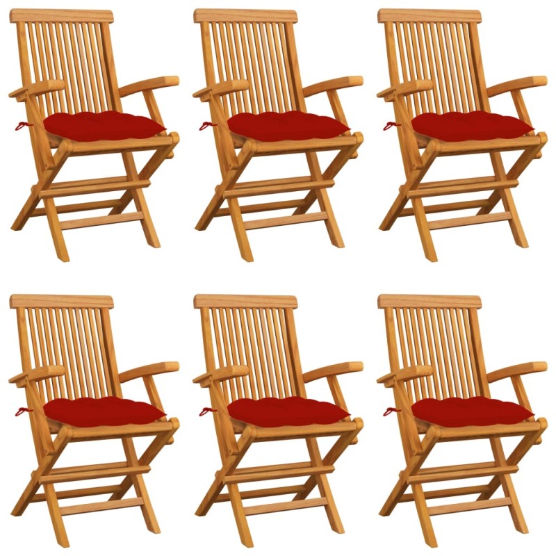 vidaXL Sillas de jardín 6 uds madera maciza de teca con cojines rojos vidaXL Sillas de jardín 6 uds madera maciza de teca con cojines rojos