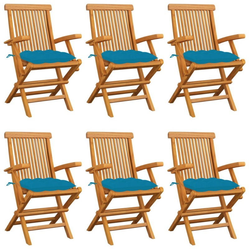 vidaXL Sillas de jardín 6 uds madera teca con cojines azul claro vidaXL Sillas de jardín 6 uds madera teca con cojines azul claro