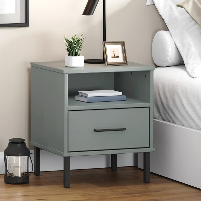 vidaXL Mesita de noche patas de metal madera maciza pino gris OSLO vidaXL Mesita de noche patas de metal madera maciza pino gris OSLO