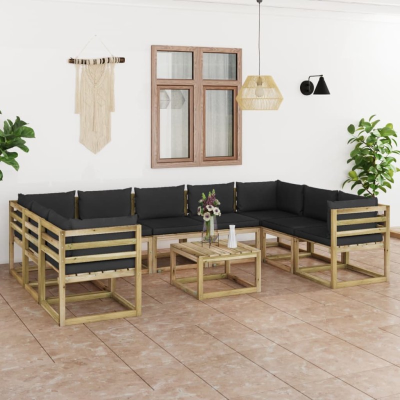 vidaXL Set de muebles de jardín 10 pzas con cojines madera impregnada vidaXL Set de muebles de jardín 10 pzas con cojines madera impregnada