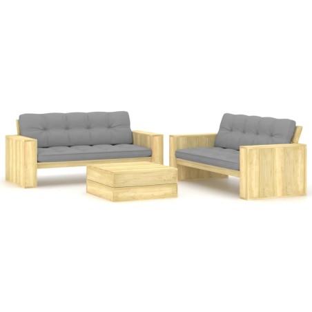 vidaXL Set de sofás jardín 3 piezas con cojines madera pino impregnada