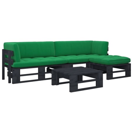 vidaXL Muebles de palets 4 pzas y cojines madera pino impregnada negro
