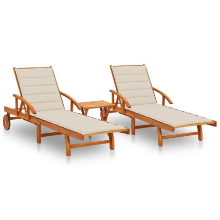 vidaXL Tumbonas con mesa y cojines 2 uds madera maciza de acacia 