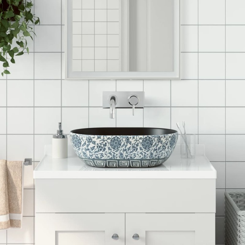 vidaXL Lavabo sobre encimera ovalado cerámica negro y azul 47x33x13 cm vidaXL Lavabo sobre encimera ovalado cerámica negro y azul 47x33x13 cm