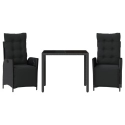 vidaXL Set comedor de jardín 3 pzas con cojines ratán sintético negro