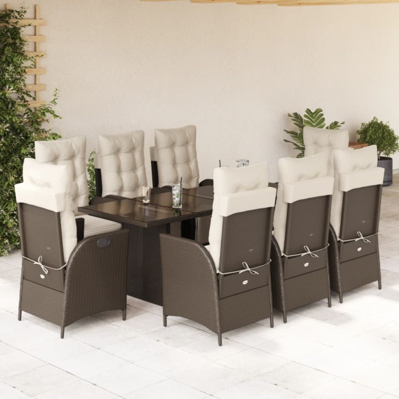 vidaXL Set comedor para jardín 9 pzas y cojines ratán sintético marrón