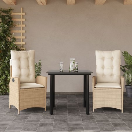 vidaXL Set comedor de jardín 3 pzas con cojines ratán sintético beige