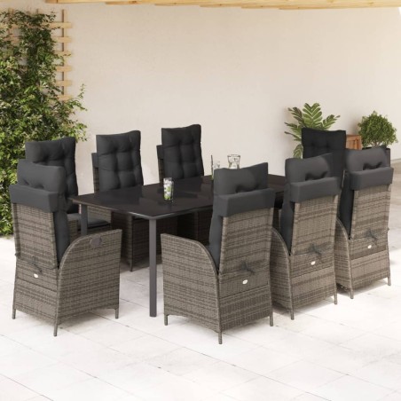 vidaXL Set comedor jardín 9 pzas y cojines ratán sintético gris