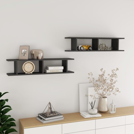 vidaXL Estantes de pared 2 uds contrachapado gris brillante 90x18x20cm