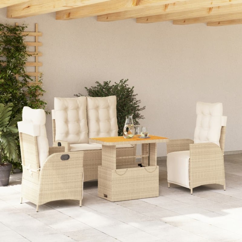 vidaXL Set de comedor jardín con cojines 4 pzas ratán sintético beige