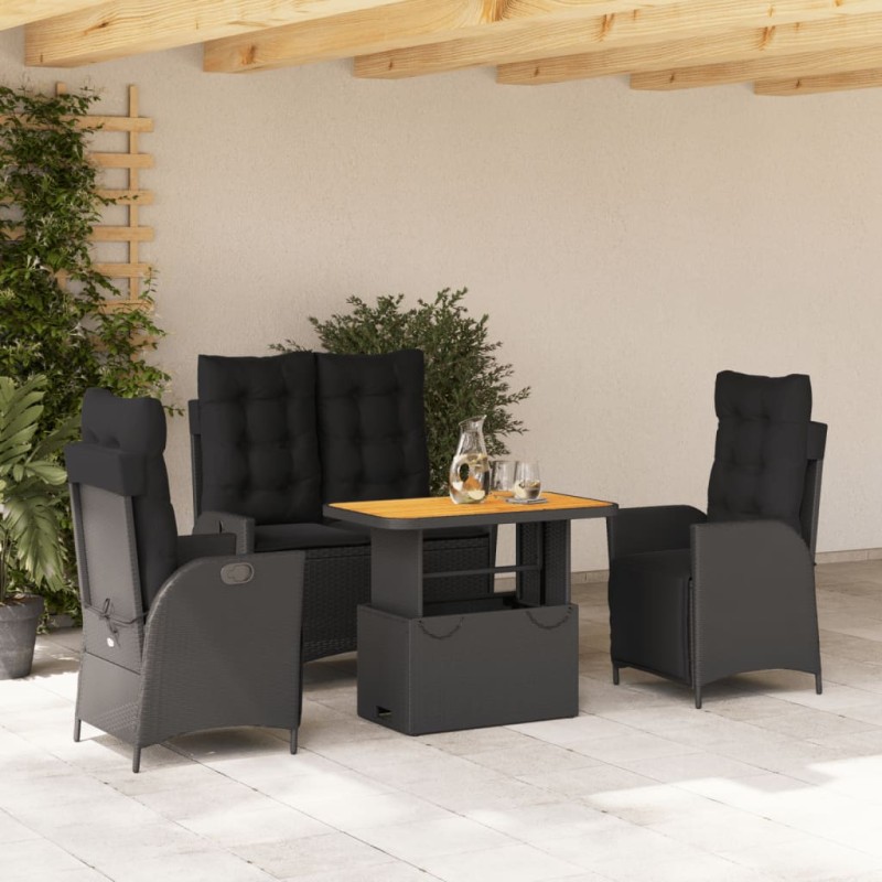 vidaXL Juego comedor jardín 4 piezas con cojines ratán sintético negro