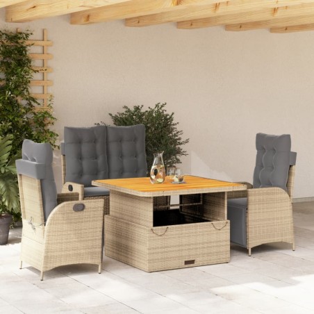 vidaXL Set de comedor jardín con cojines 4 pzas ratán sintético beige