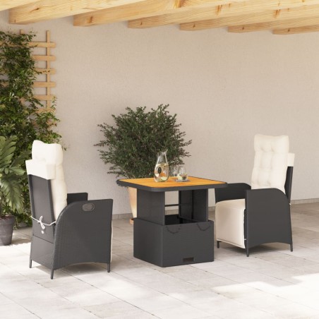 vidaXL Set comedor de jardín 3 pzas con cojines ratán sintético negro