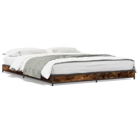 vidaXL Estructura cama madera ingeniería metal roble ahumado 135x190cm