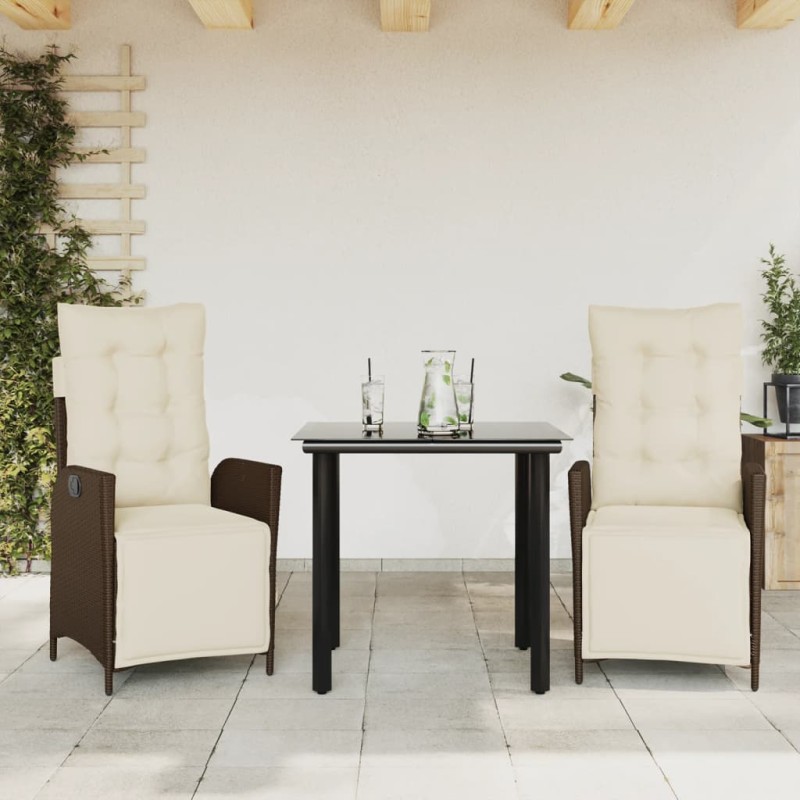 vidaXL Set comedor de jardín 3 piezas y cojines ratán sintético marrón