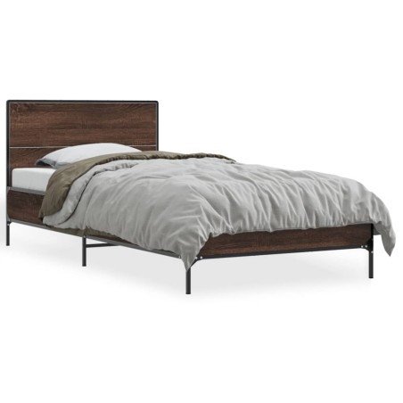 vidaXL Estructura cama madera ingeniería metal roble marrón 90x200 cm
