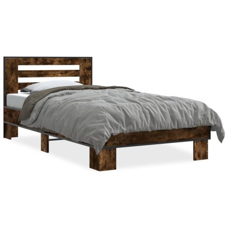 vidaXL Estructura cama madera ingeniería metal roble humo 75x190 cm