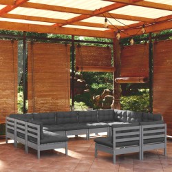 vidaXL Muebles de jardín 11 pzas y cojines gris madera maciza de pino