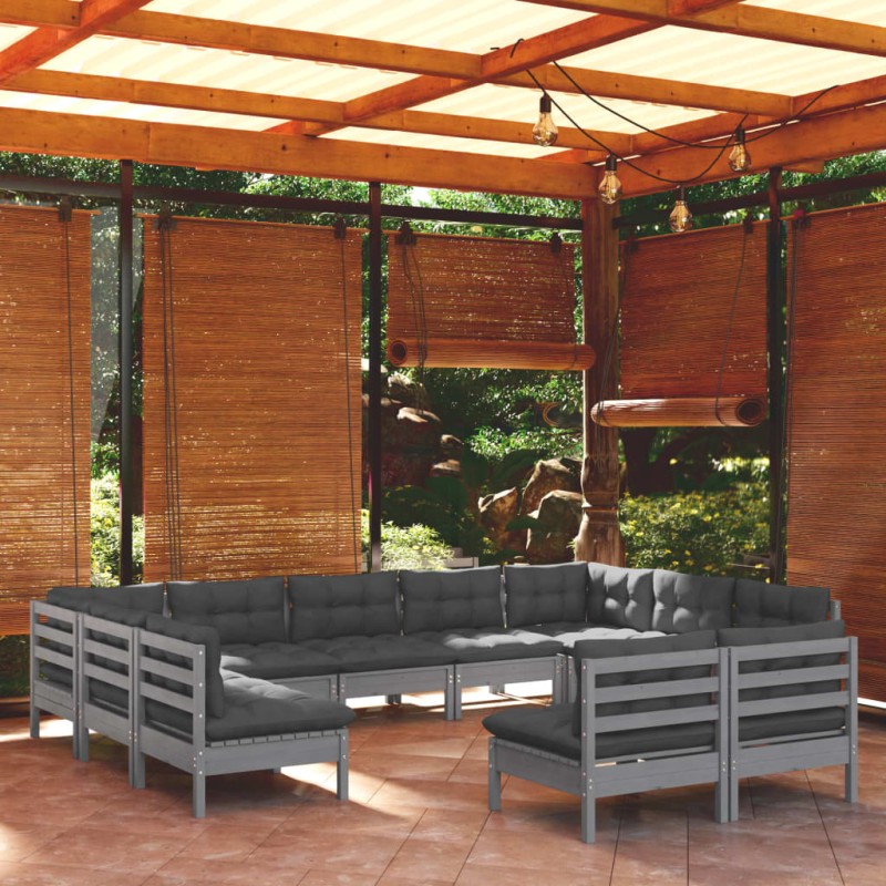 vidaXL Muebles de jardín 11 pzas y cojines gris madera maciza de pino vidaXL Muebles de jardín 11 pzas y cojines gris madera maciza de pino
