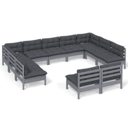 vidaXL Muebles de jardín 11 pzas y cojines gris madera maciza de pino