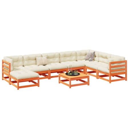 vidaXL Set de sofás jardín 9 pzas con cojines madera pino marrón cera