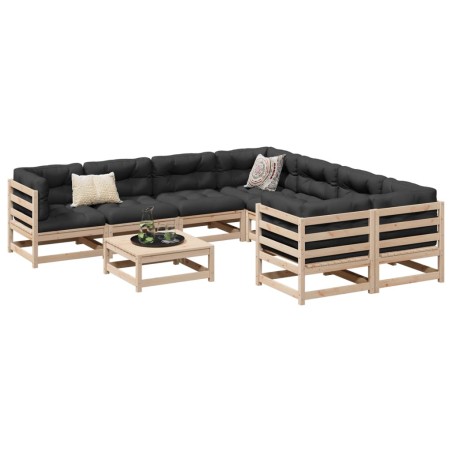 vidaXL Juego de sofás de jardín 9 pzas con cojines madera maciza pino