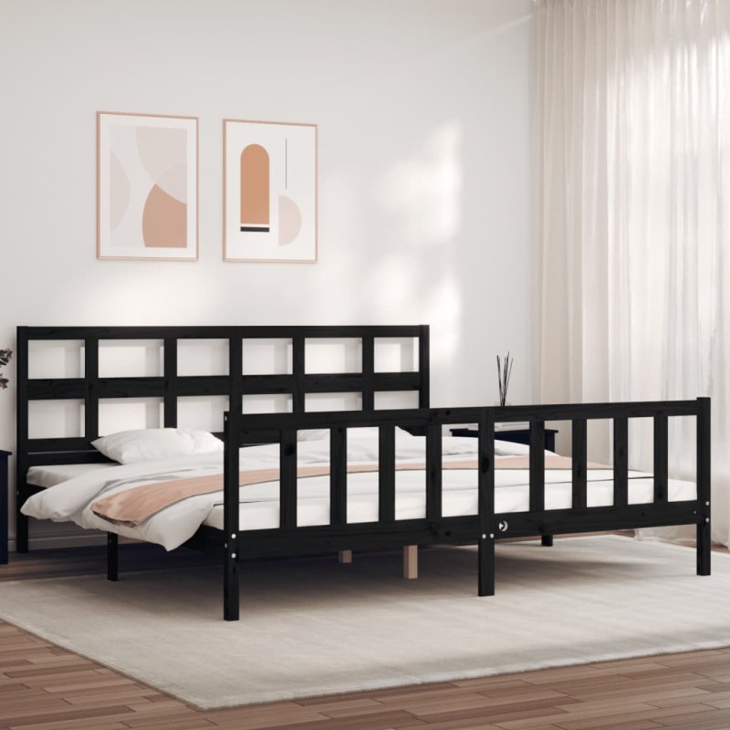 vidaXL Estructura cama de matrimonio con cabecero madera maciza negro vidaXL Estructura cama de matrimonio con cabecero madera maciza negro