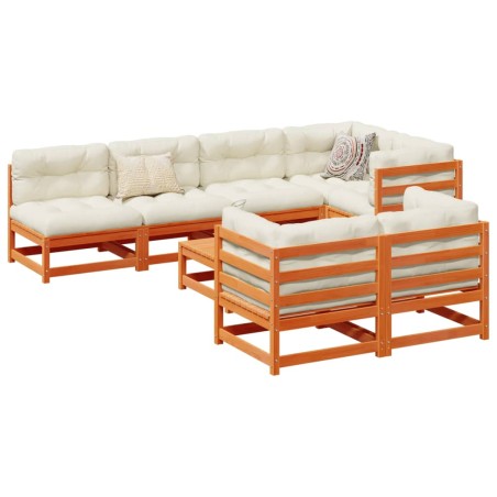 vidaXL Set de sofás jardín 8 pzas con cojines madera pino marrón cera