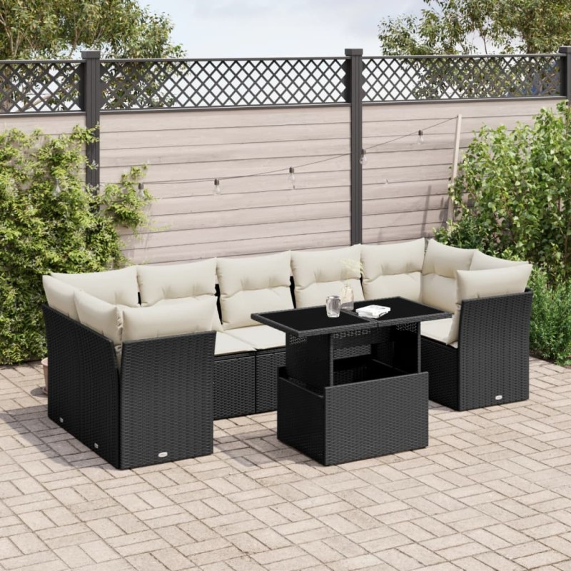 vidaXL Set de sofás de jardín 8 piezas y cojines ratán sintético negro vidaXL Set de sofás de jardín 8 piezas y cojines ratán sintético negro