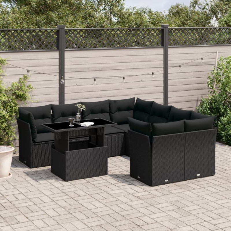 vidaXL Set de sofás de jardín 8 piezas y cojines ratán sintético negro vidaXL Set de sofás de jardín 8 piezas y cojines ratán sintético negro
