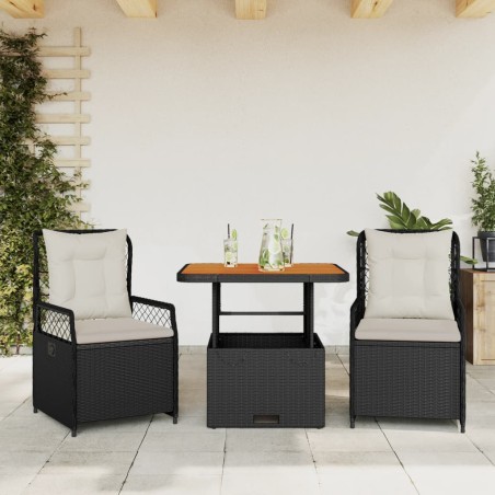 vidaXL Set comedor de jardín 3 pzas con cojines ratán sintético negro