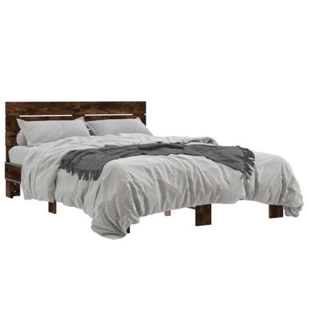 vidaXL Estructura cama madera ingeniería metal roble ahumado 135x190cm