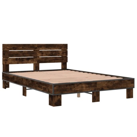 vidaXL Estructura cama madera ingeniería metal roble ahumado 135x190cm