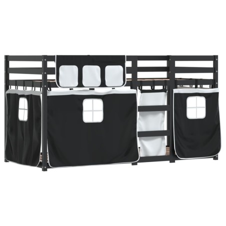 vidaXL Litera con cortinas madera maciza pino blanco y negro 75x190 cm
