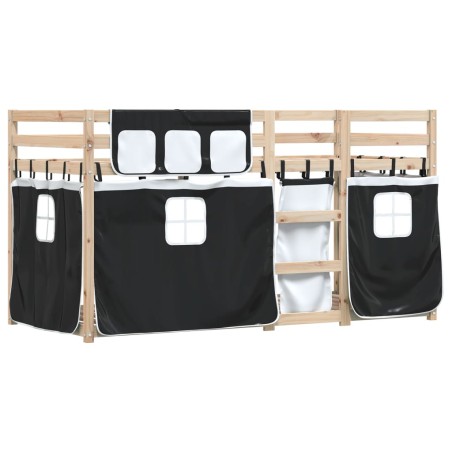 vidaXL Litera con cortinas madera maciza pino blanco y negro 90x190 cm