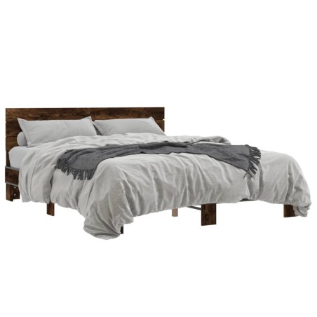 vidaXL Estructura cama madera ingeniería metal roble ahumado 160x200cm