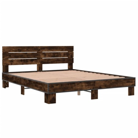 vidaXL Estructura cama madera ingeniería metal roble ahumado 160x200cm