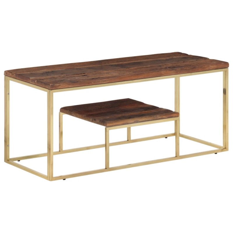 vidaXL Mesa de centro acero inoxidable madera maciza traviesa dorado vidaXL Mesa de centro acero inoxidable madera maciza traviesa dorado