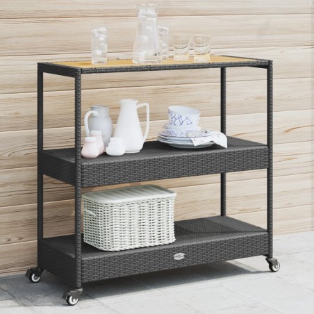 vidaXL Carrito de bar 3 niveles ratán PE y madera maciza acacia negro