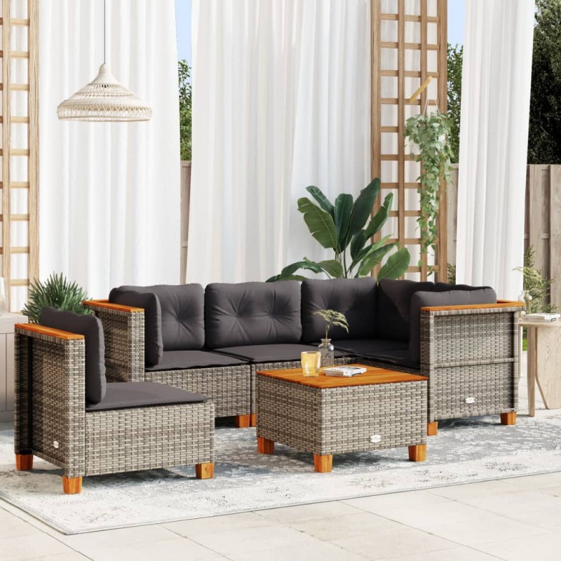 vidaXL Set de muebles de jardín 6 pzas y cojines ratán sintético gris vidaXL Set de muebles de jardín 6 pzas y cojines ratán sintético gris