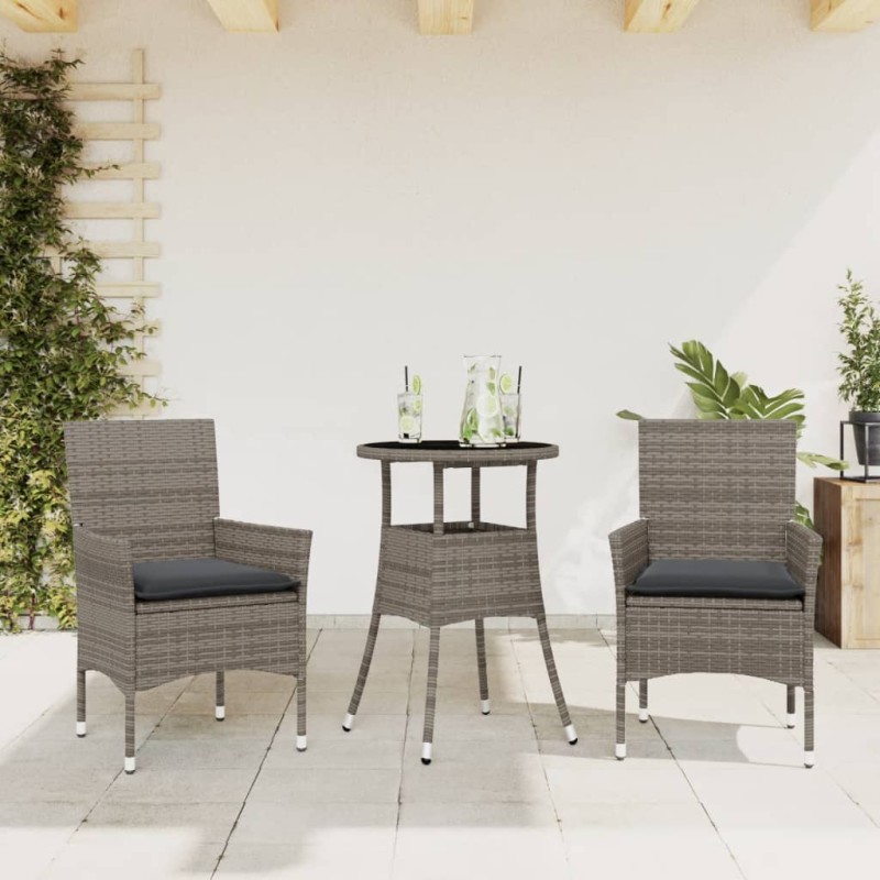 vidaXL Set comedor jardín 3 pzas y cojines ratán sintético vidrio gris vidaXL Set comedor jardín 3 pzas y cojines ratán sintético vidrio gris