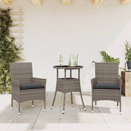 vidaXL Set comedor jardín 3 pzas y cojines ratán sintético vidrio gris
