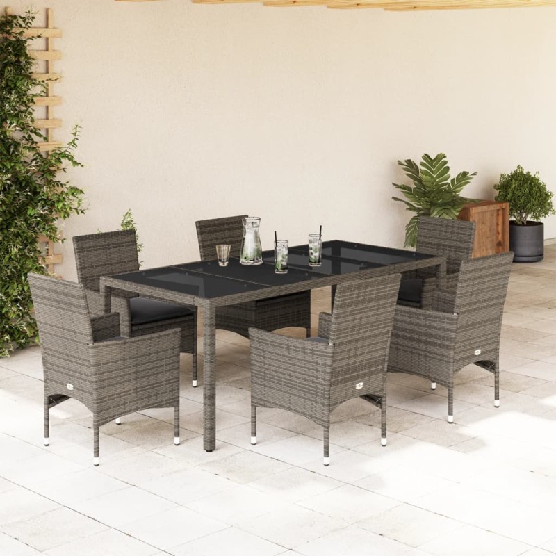 vidaXL Set comedor jardín 7 pzas y cojines ratán sintético vidrio gris