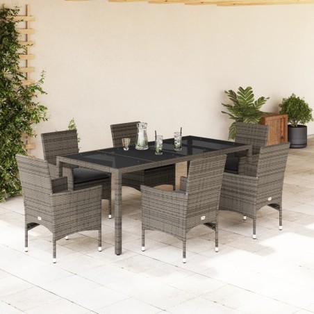 vidaXL Set comedor jardín 7 pzas y cojines ratán sintético vidrio gris