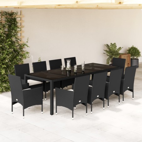 vidaXL Set comedor jardín 11 pzas cojines ratán sintético vidrio negro