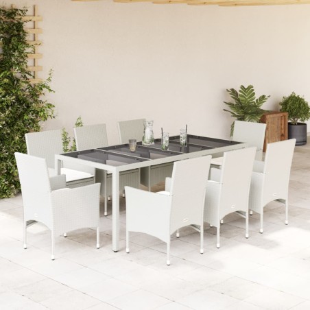 vidaXL Set comedor jardín 9 pzas cojines ratán sintético vidrio blanco