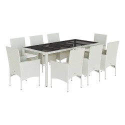 vidaXL Set comedor jardín 9 pzas cojines ratán sintético vidrio blanco