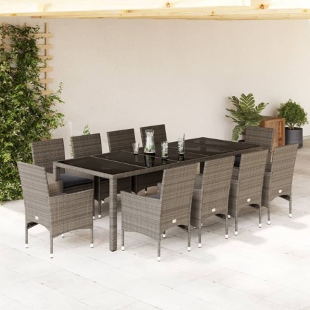 vidaXL Set comedor jardín 11 pzas cojines ratán sintético vidrio gris