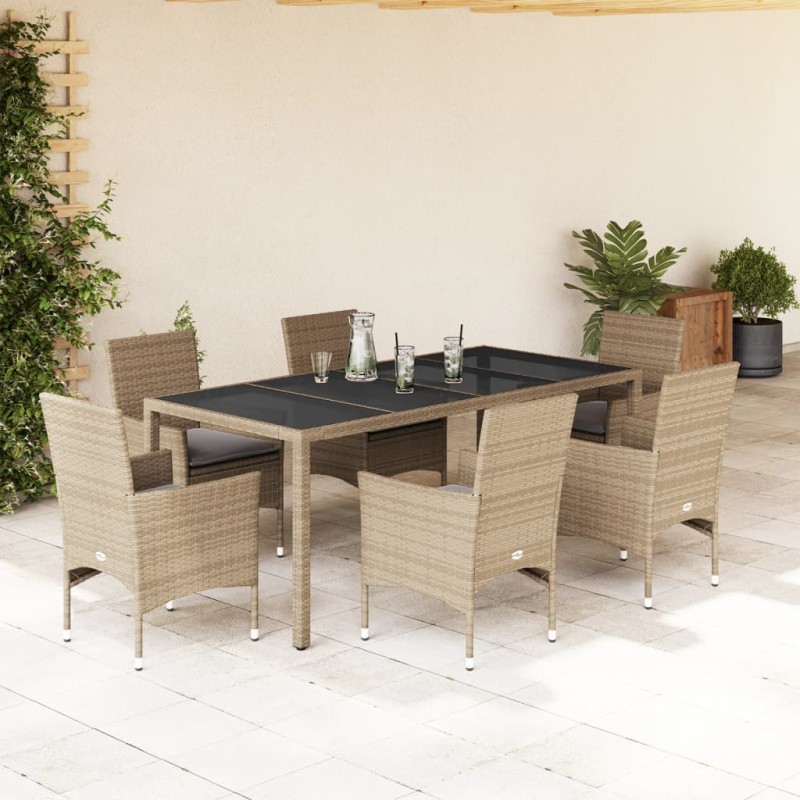 vidaXL Set comedor jardín 7 pzas cojines ratán sintético vidrio beige vidaXL Set comedor jardín 7 pzas cojines ratán sintético vidrio beige
