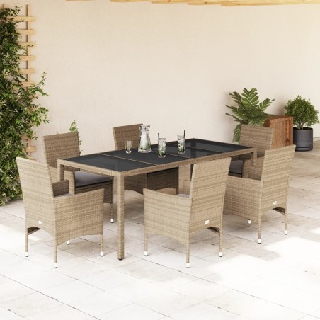 vidaXL Set comedor jardín 7 pzas cojines ratán sintético vidrio beige